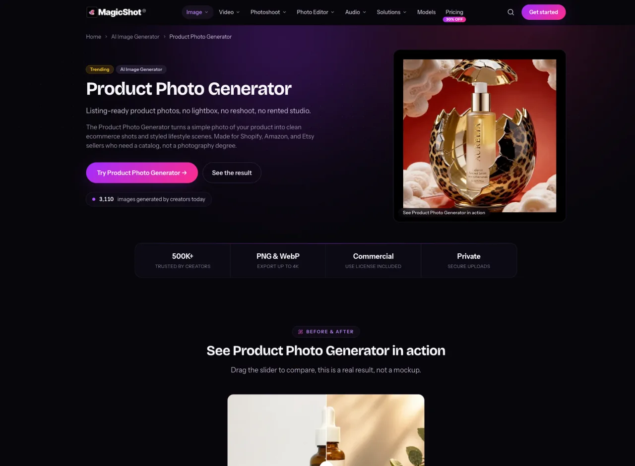 Site de Estúdio de produto na versão desktop